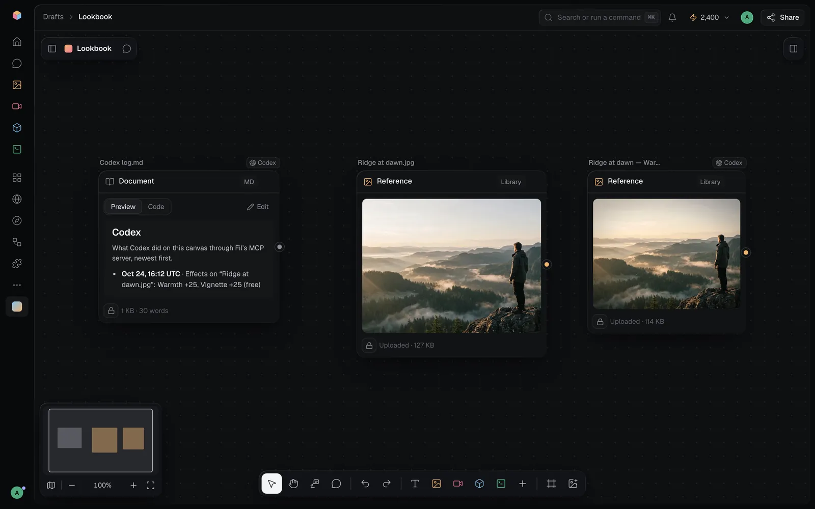 A canvas with Codex's log, the photo Ridge at dawn.jpg and, beside it, the warmer copy with soft dark corners that Codex made with apply_effects: Warmth +25 and a Vignette at 25