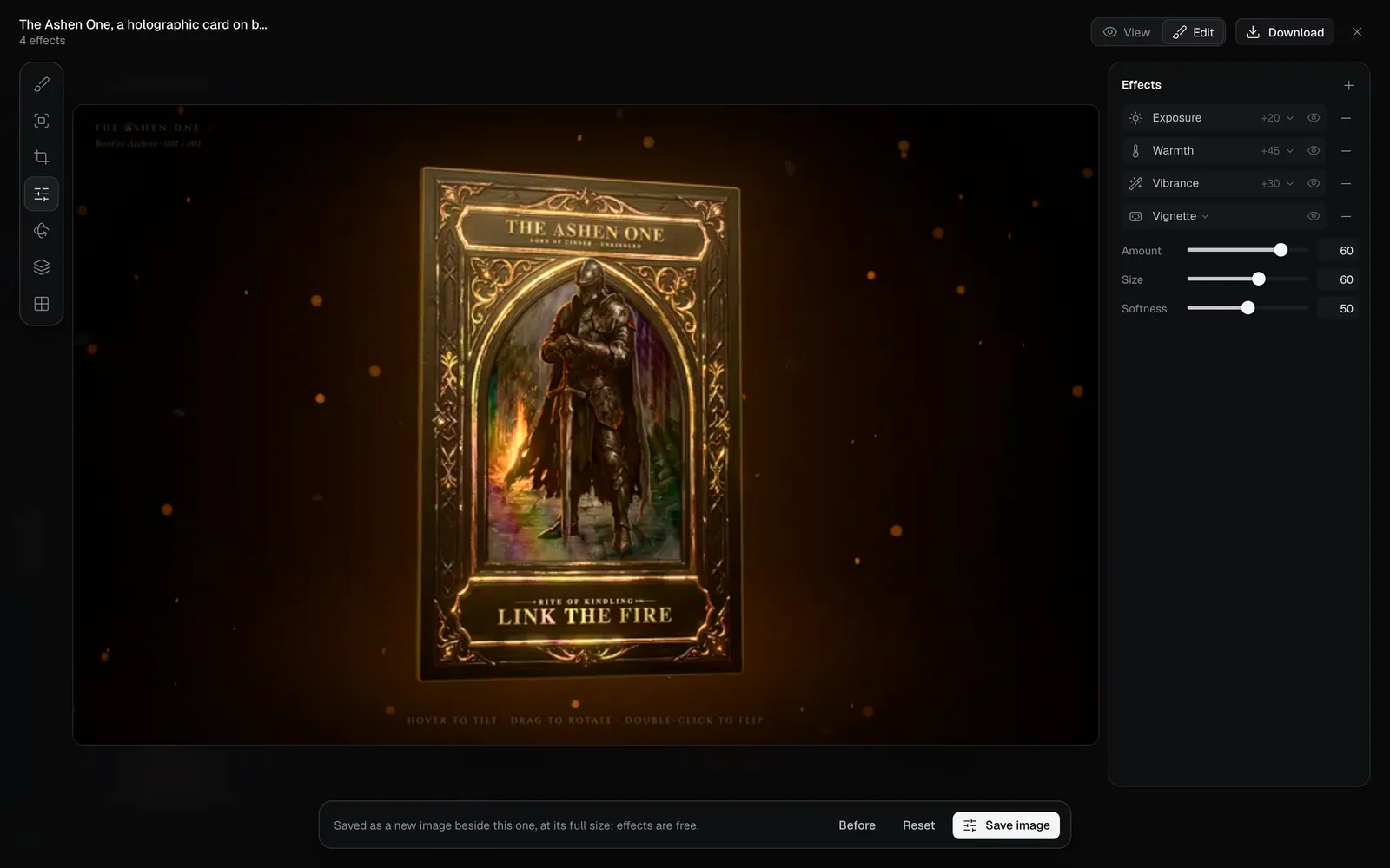 The Effects tool on The Ashen One card: Exposure +20, Warmth +45, Vibrance +30 and a Vignette at 60, the card warmer with darker edges, and Before, Reset and Save image below