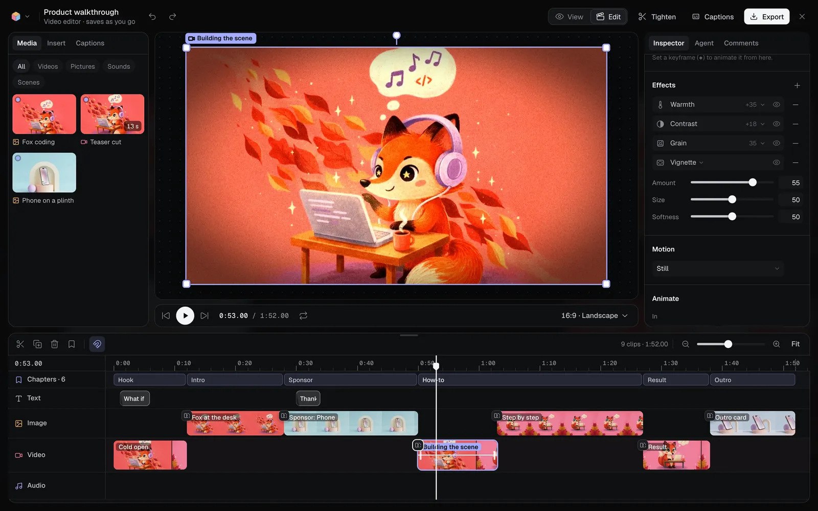 The video editor with the Building the scene clip picked, its frame warmer and grainy with dark corners, and the inspector's Effects: Warmth +35, Contrast +18, Grain 35, and Vignette open with Amount 55, Size 50 and Softness 50
