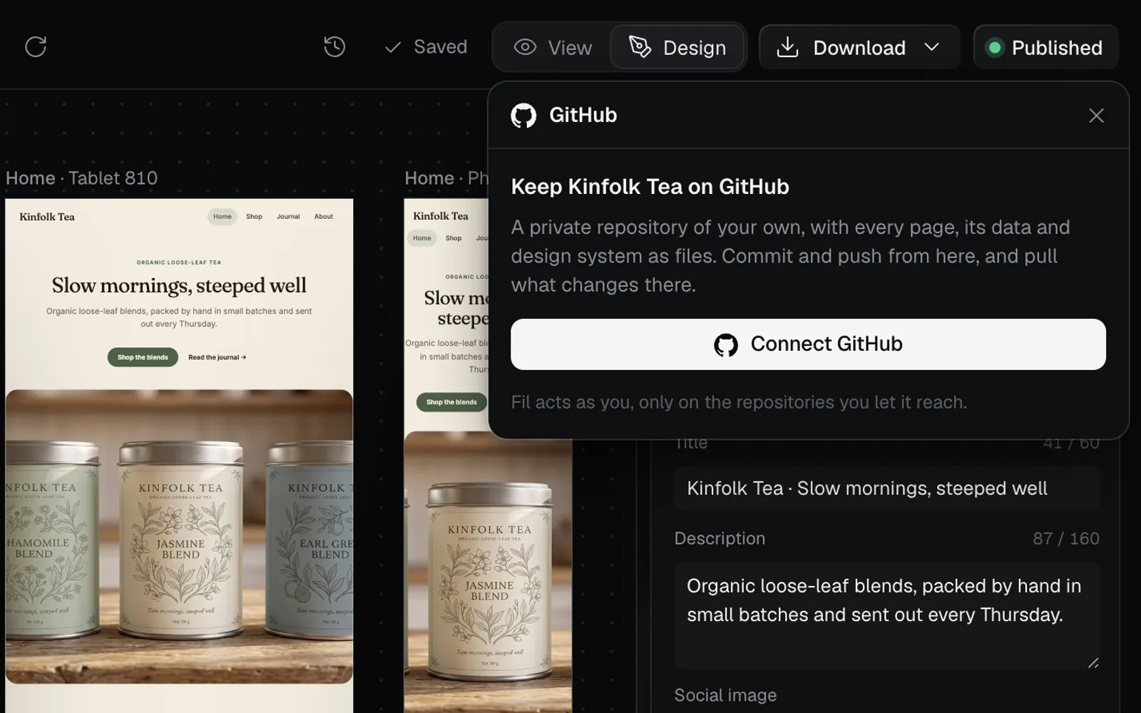 The GitHub panel before connecting: Keep Kinfolk Tea on GitHub, a private repository of your own, and Connect GitHub