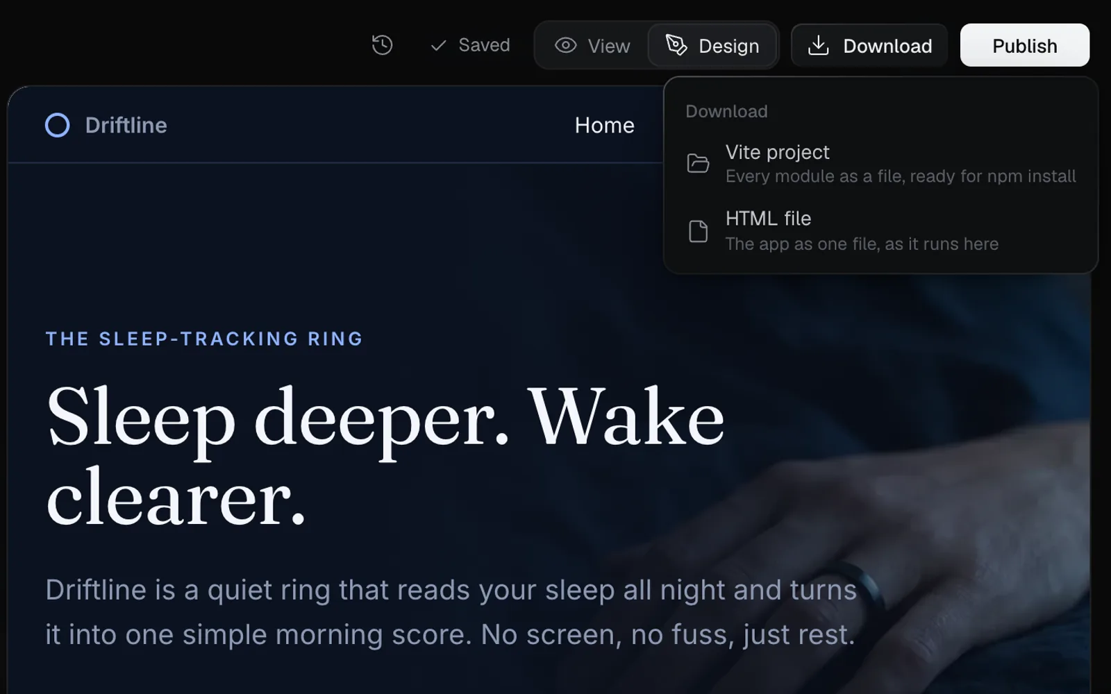 A React app's Download menu: Vite project, Every module as a file, ready for npm install, and HTML file, The app as one file, as it runs here