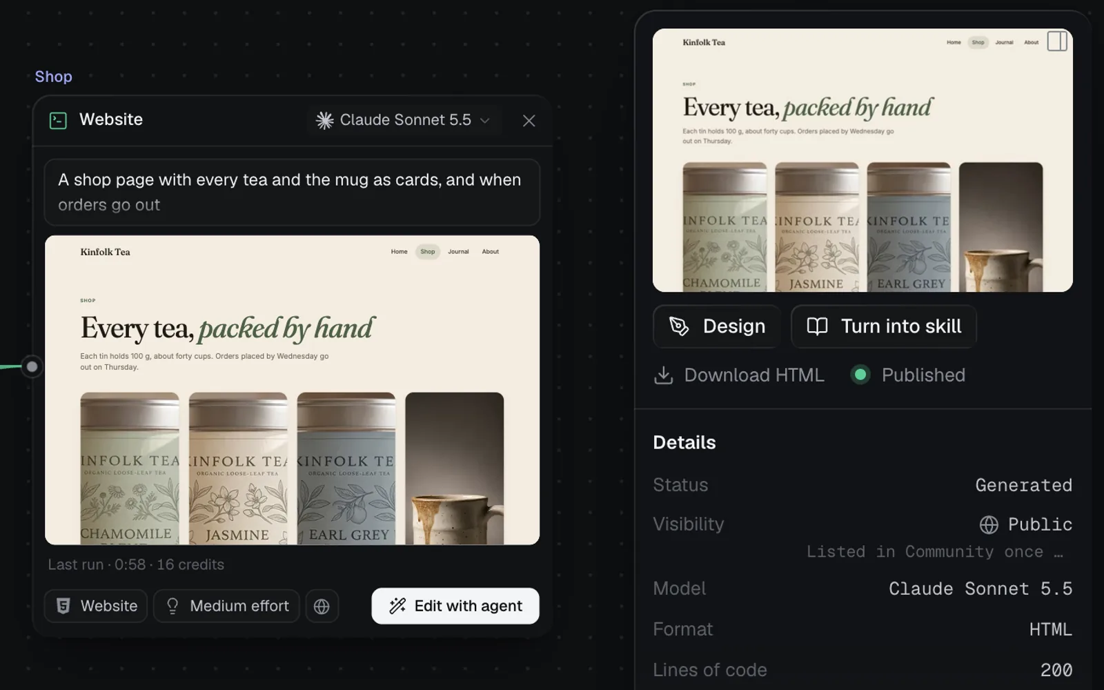 The Shop page selected on the Kinfolk Tea canvas, its properties beside it: Design, Turn into skill, Download HTML and Published