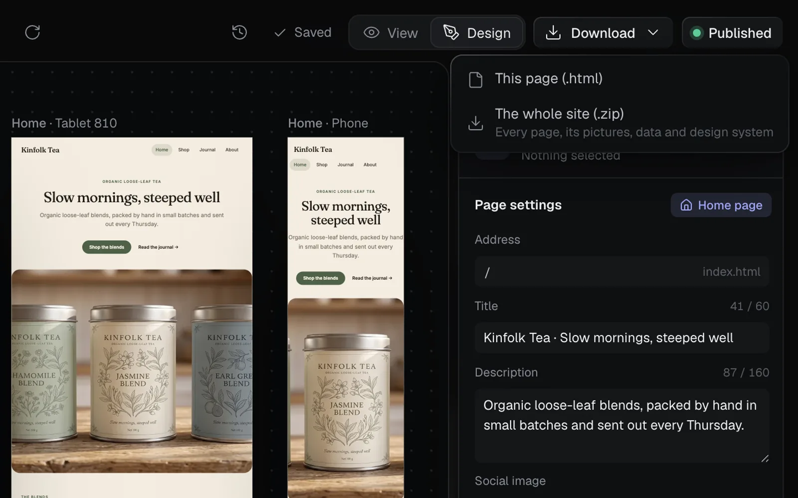 The Design tab's Download menu open below its button: This page (.html), and The whole site (.zip), Every page, its pictures, data and design system
