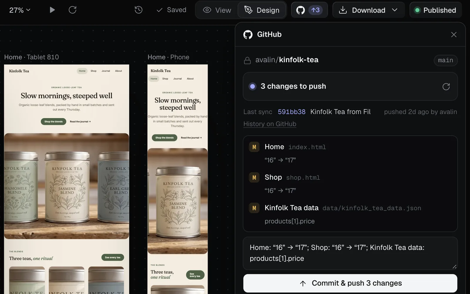 The bar's GitHub button with ↑3 above the GitHub panel: 3 changes to push, Home and Shop where 16 became 17 and a price in Kinfolk Tea data, then the message and Commit & push 3 changes