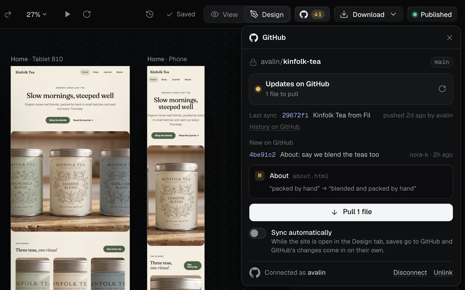 The GitHub panel with Updates on GitHub: nora-k changed About to "blended and packed by hand", and Pull 1 file