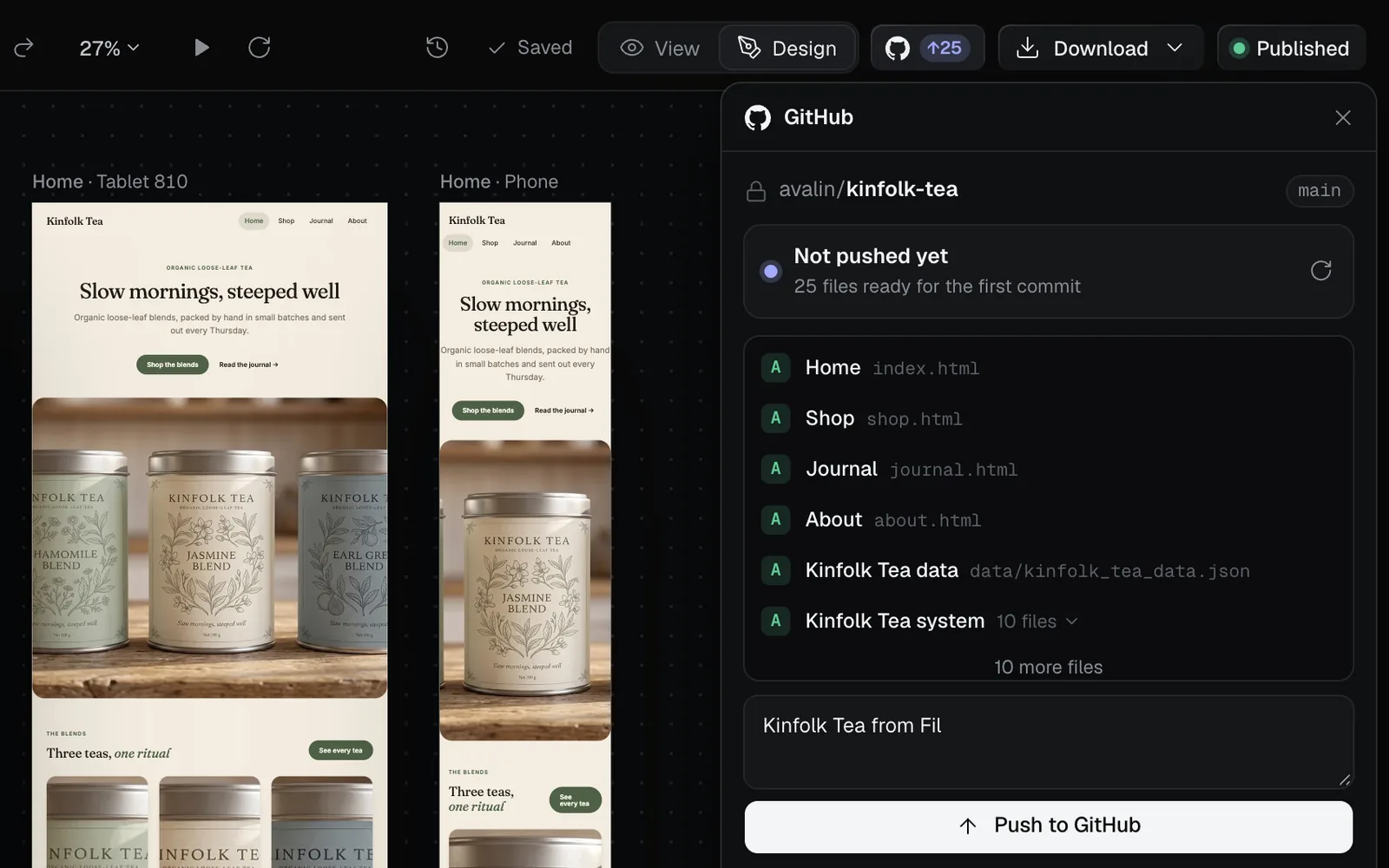 The GitHub panel after Create repository: avalin/kinfolk-tea, Not pushed yet with 25 files ready, the files listed, the message Kinfolk Tea from Fil and Push to GitHub, under the bar's GitHub button with ↑25
