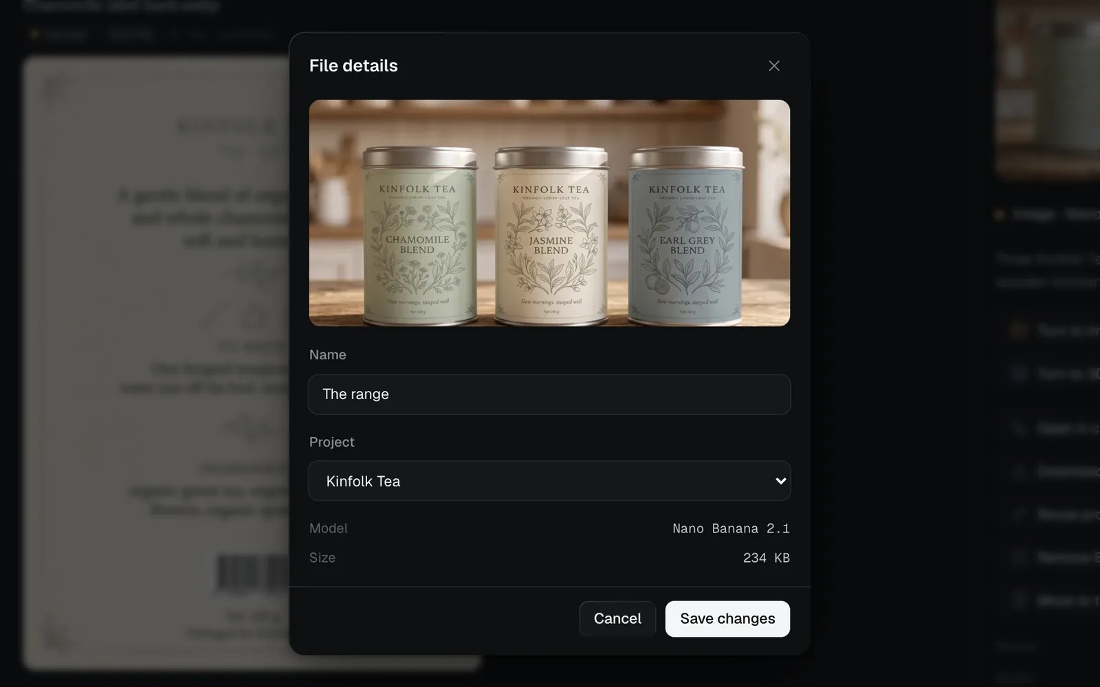 The File details dialog for The range: the picture, its Name, its Project set to Kinfolk Tea, its model Nano Banana 2.1 and size 234 KB, with Cancel and Save changes