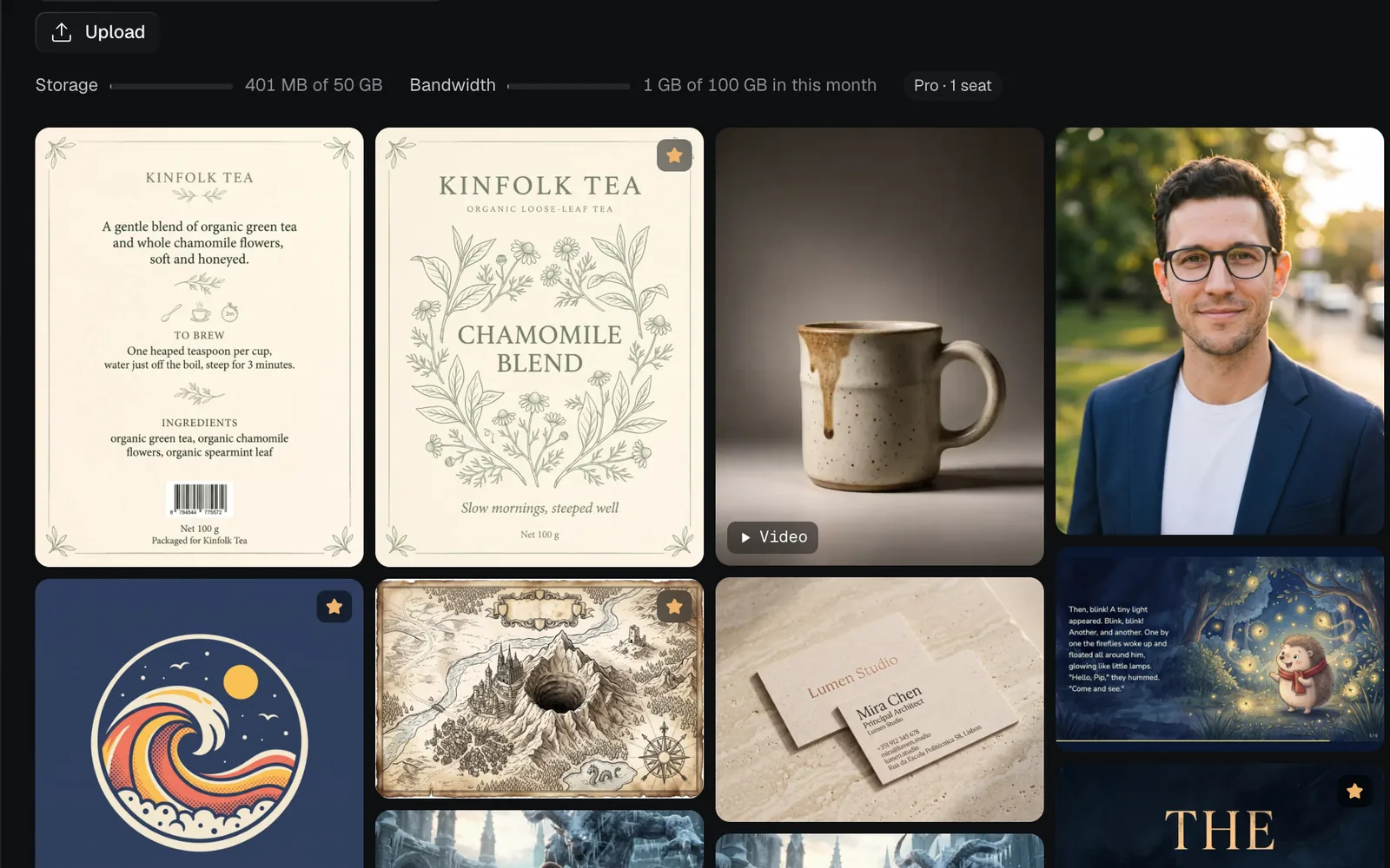The Library under its Upload row: the Storage and Bandwidth meters for Pro, 401 MB of 50 GB and 1 GB of 100 GB this month, and the newest files, the chamomile labels, a steaming mug clip, a headshot and more, each at its own shape