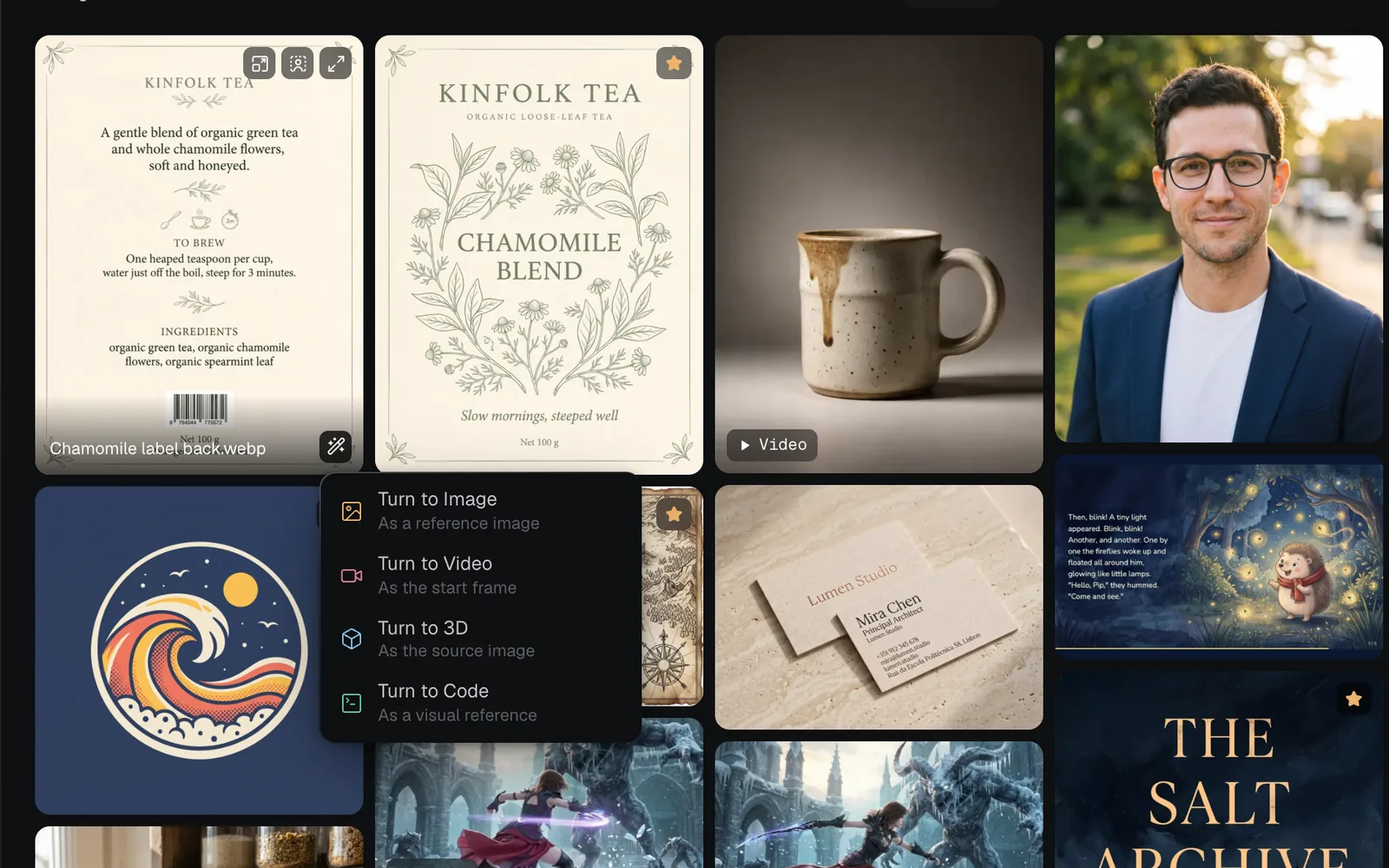 The Chamomile label back tile pointed at, its name along its foot and its buttons showing, with the Turn to… menu open under it: Turn to Image as a reference image, Turn to Video as the start frame, Turn to 3D as the source image and Turn to Code as a visual reference