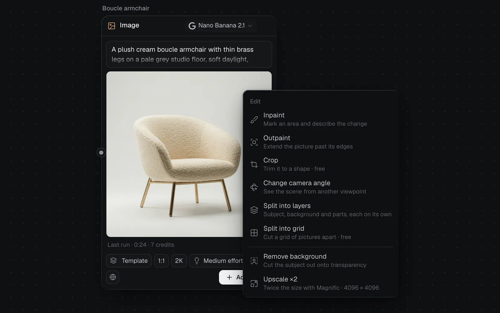 The Edit menu beside a boucle armchair's Image node: Inpaint, Outpaint, Crop, Change camera angle, Split into layers and Split into grid, then Remove background and Upscale ×2 with the size it makes, 4096 × 4096