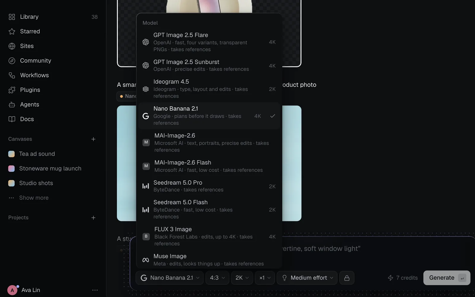 The Model menu open above the prompt box, listing GPT Image 2.5 Flare, GPT Image 2.5 Sunburst, Ideogram 4.5, Nano Banana 2.1 (ticked), MAI-Image-2.6, Seedream 5.0 and more, each with its maker, strengths and top resolution