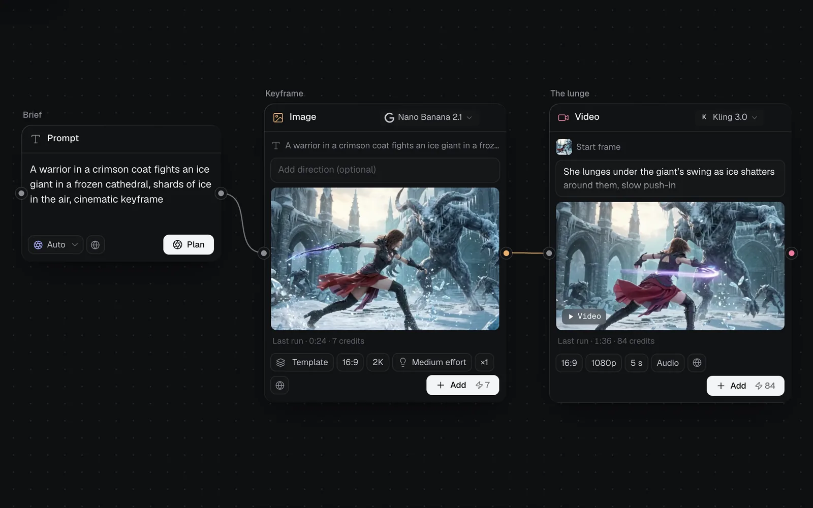 A canvas where a Brief prompt feeds an Image node on Nano Banana 2.1, whose picture of a warrior fighting an ice giant is the start frame of a Kling 3.0 video node, last run 1:36 and 84 credits