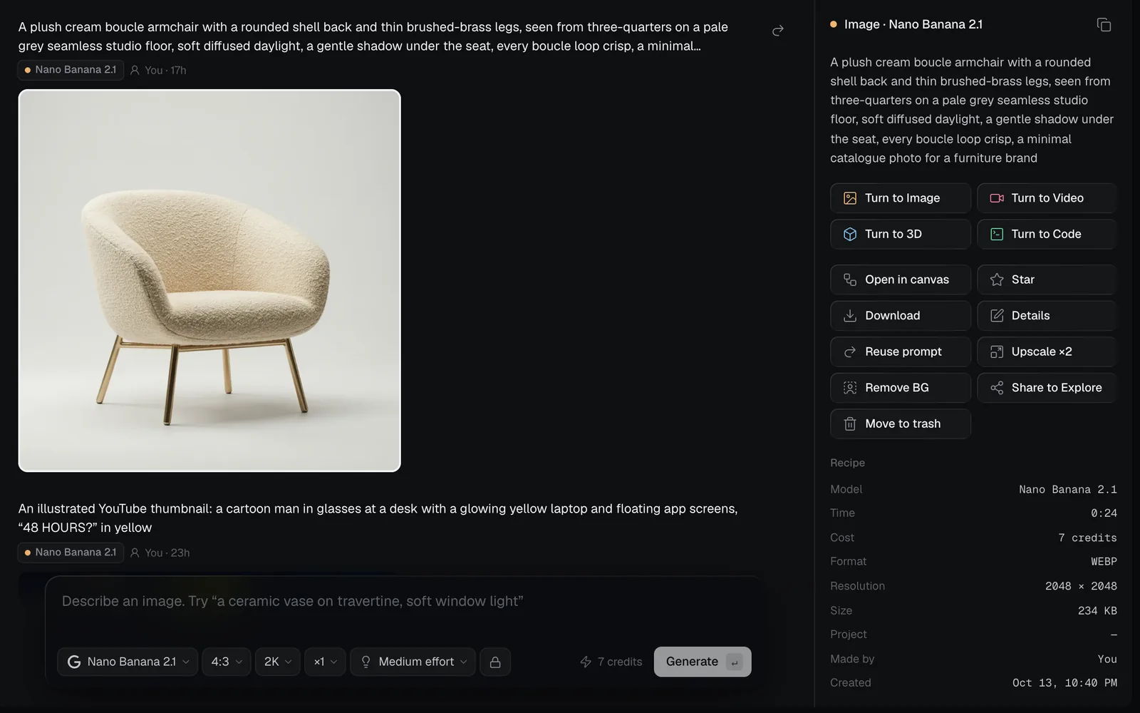 A selected picture of a boucle armchair in the feed, and the panel beside it with Turn to Image, Turn to Video, Turn to 3D, Turn to Code, Open in canvas, Star, Download, Details, Reuse prompt, Upscale ×2, Remove BG, Share to Explore and Move to trash above the Recipe: Nano Banana 2.1, 0:24, 7 credits, WEBP, 2048 × 2048