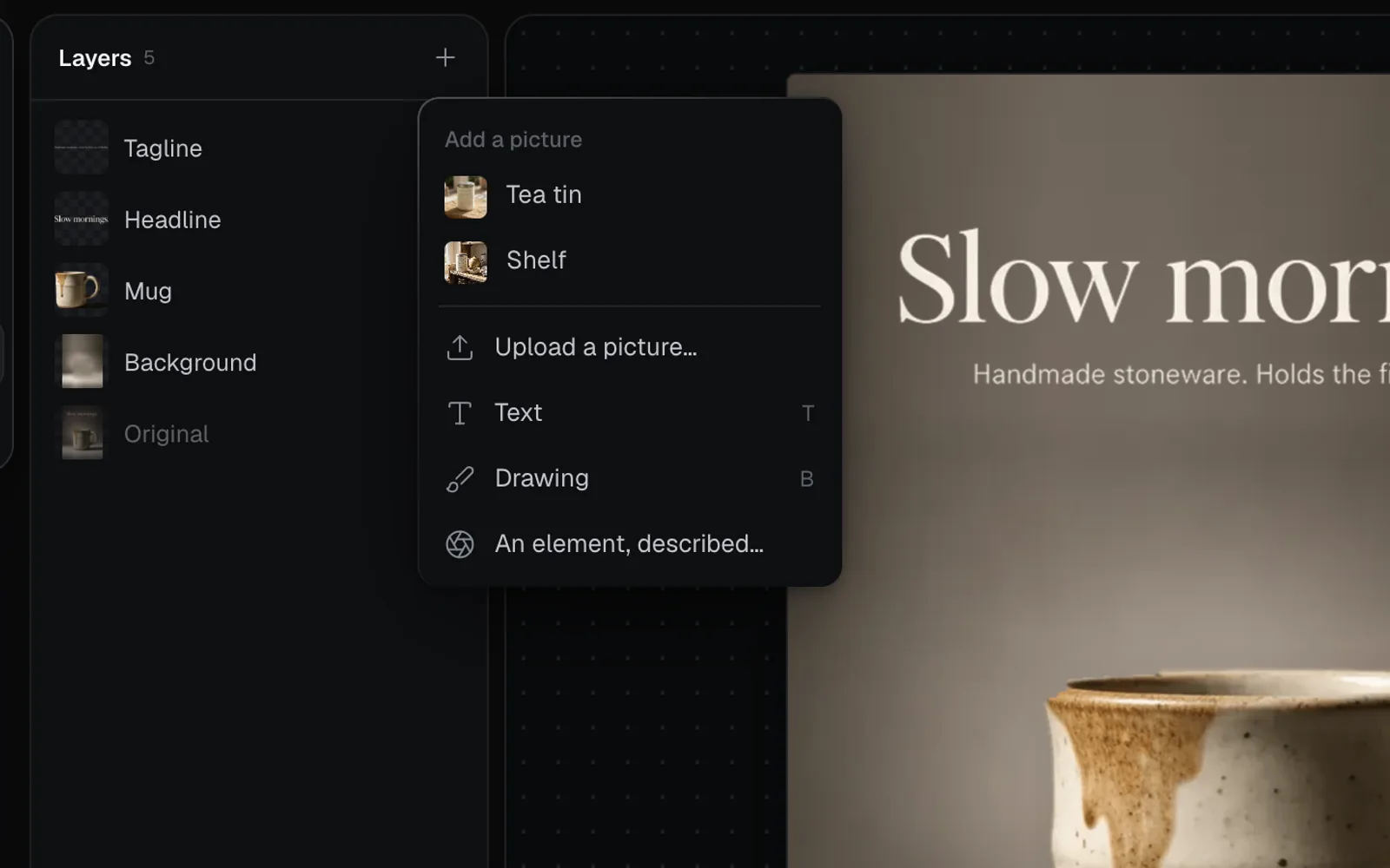 The + menu beside the layers list: Add a picture with Tea tin and Shelf from the canvas, then Upload a picture…, Text, Drawing and An element, described…