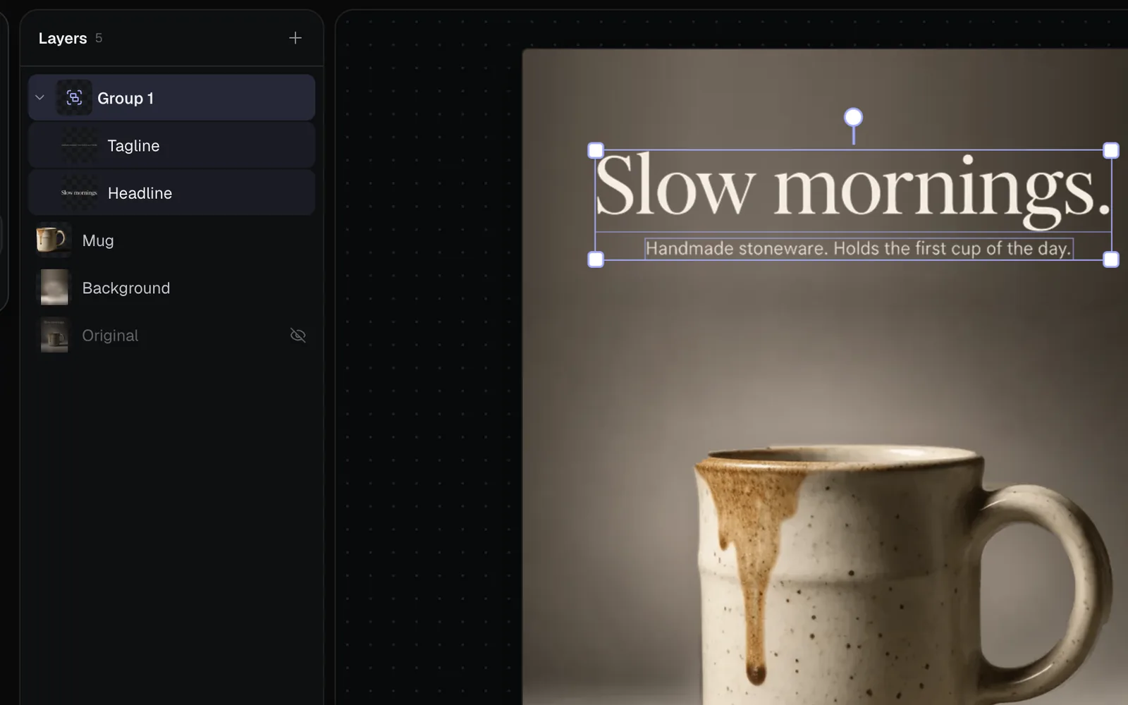The headline and the line of copy grouped: Group 1 in the list with Tagline and Headline inside it, and both outlined on the poster inside one box