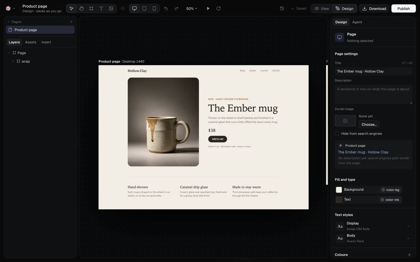 The Ember mug product page open in the Design tab at 50%, its desktop frame on the stage, its layers on the left and its page settings on the right