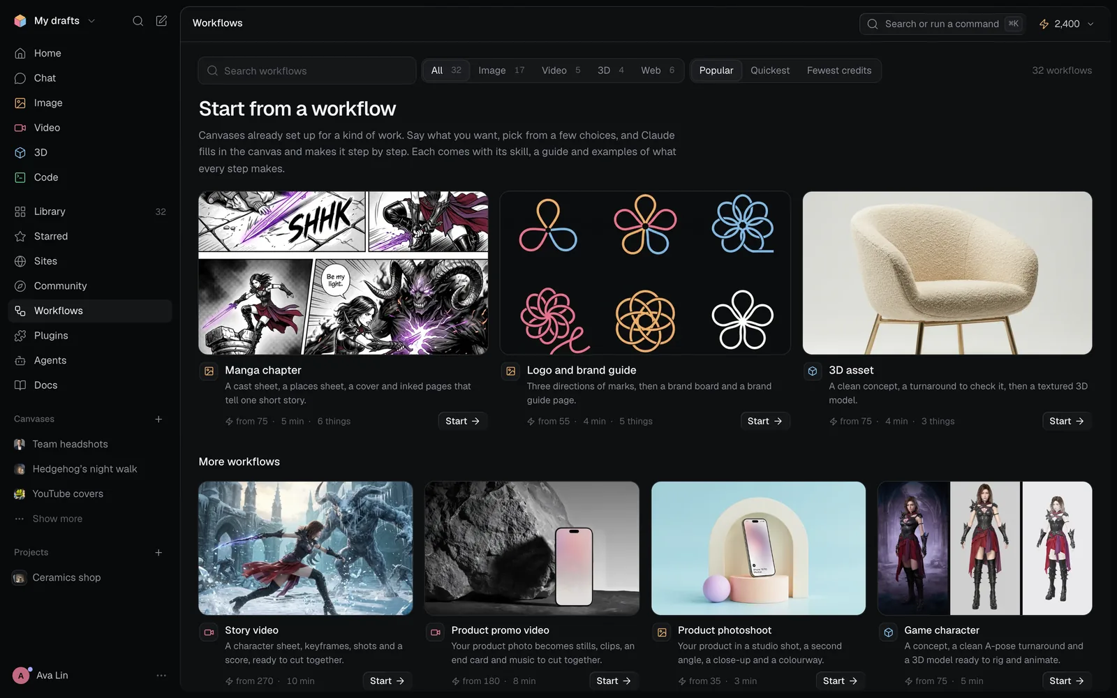 The Workflows page: Start from a workflow, with Manga chapter and Logo and brand guide cards, each with its price, time and Start button