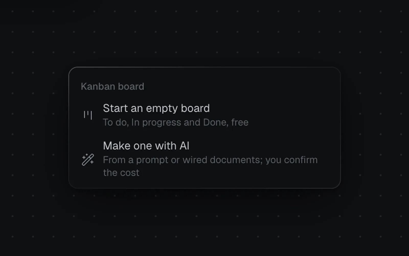 The canvas's Kanban board menu: Start an empty board (free) or Make one with AI