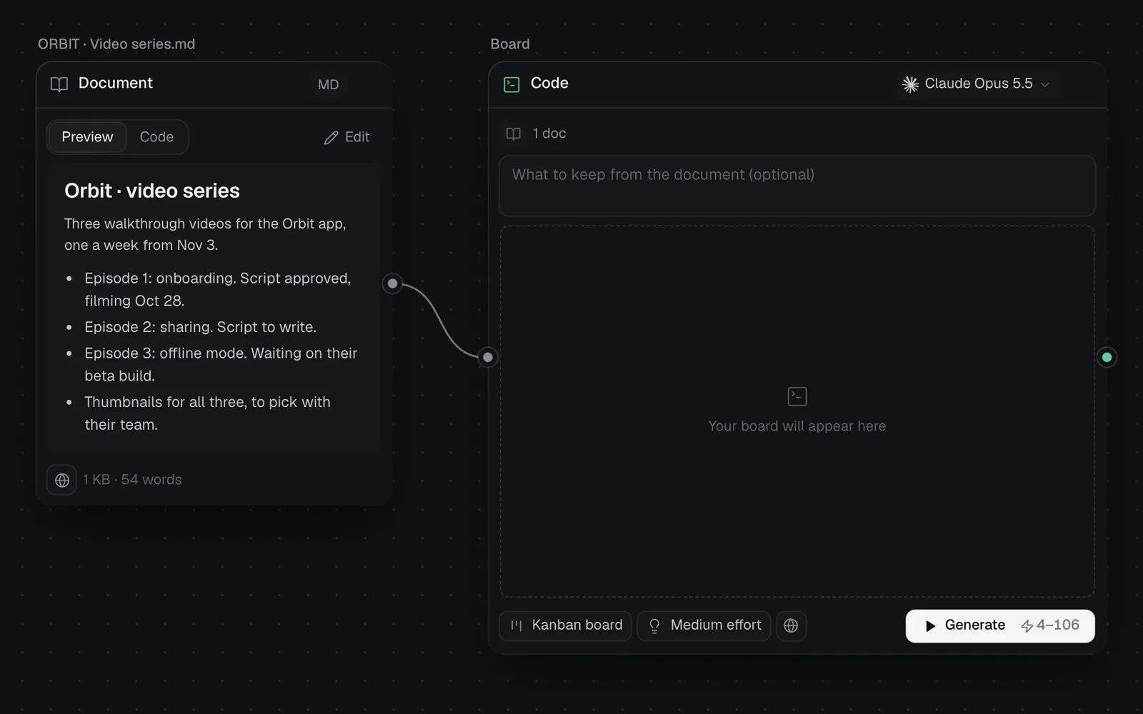 A client's notes wired into a Code node set to make a Kanban board, with Generate and its price