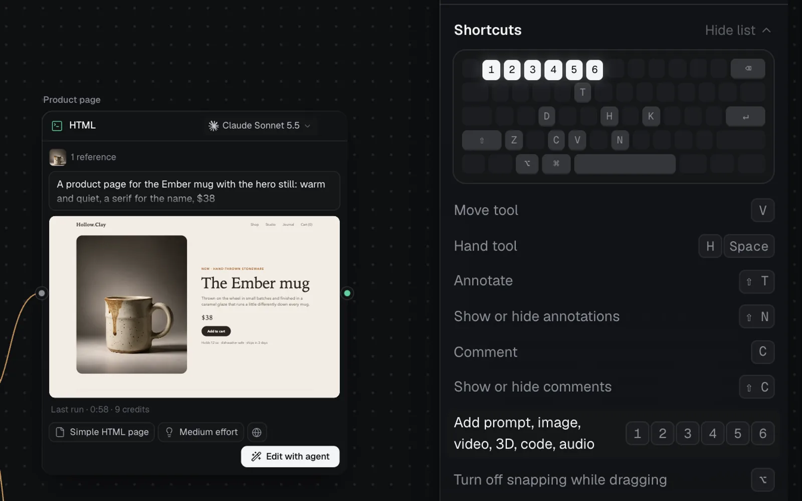 A canvas's panel beside a Code node: the Shortcuts section with its keyboard, keys 1 to 6 lit, and the list opened with Show list: Move tool V, Hand tool H or Space, Annotate Shift T, Show or hide annotations Shift N, Comment C, Show or hide comments Shift C, Add prompt, image, video, 3D, code, audio 1 to 6, Turn off snapping while dragging Option