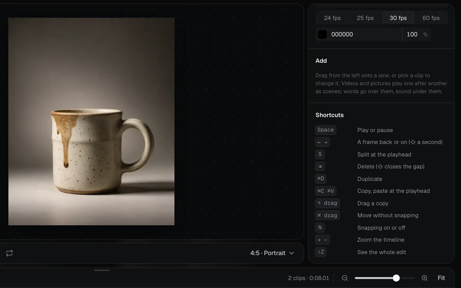 The video editor with the mug still in its 4:5 preview, the timeline's bar below, and its Shortcuts list: Space play or pause, arrows a frame back or on, S split at the playhead, Delete, Command D duplicate, Command C and V copy and paste at the playhead, Option drag a copy, Command drag move without snapping, N snapping, plus and minus zoom the timeline, Shift Z see the whole edit