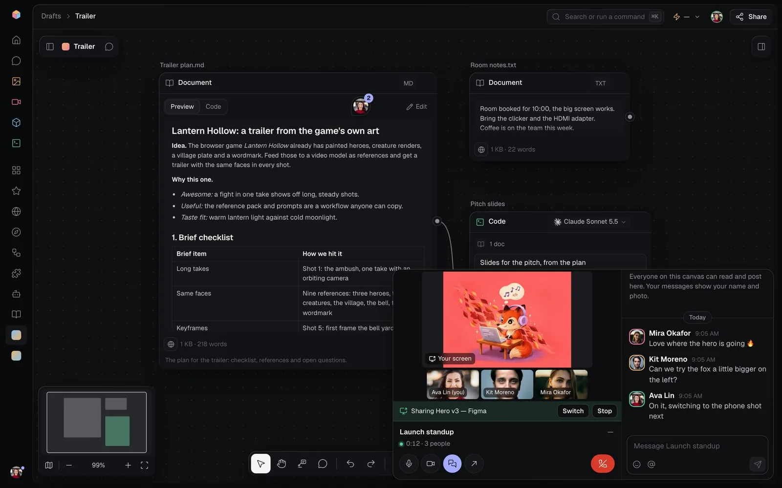 The Trailer canvas while Ava shares her Figma window: the call window at the bottom right with her screen, Ava, Kit and Mira under it, Sharing Hero v3 — Figma with Switch and Stop, Launch standup at 0:12 with 3 people, and the meeting's chat beside it