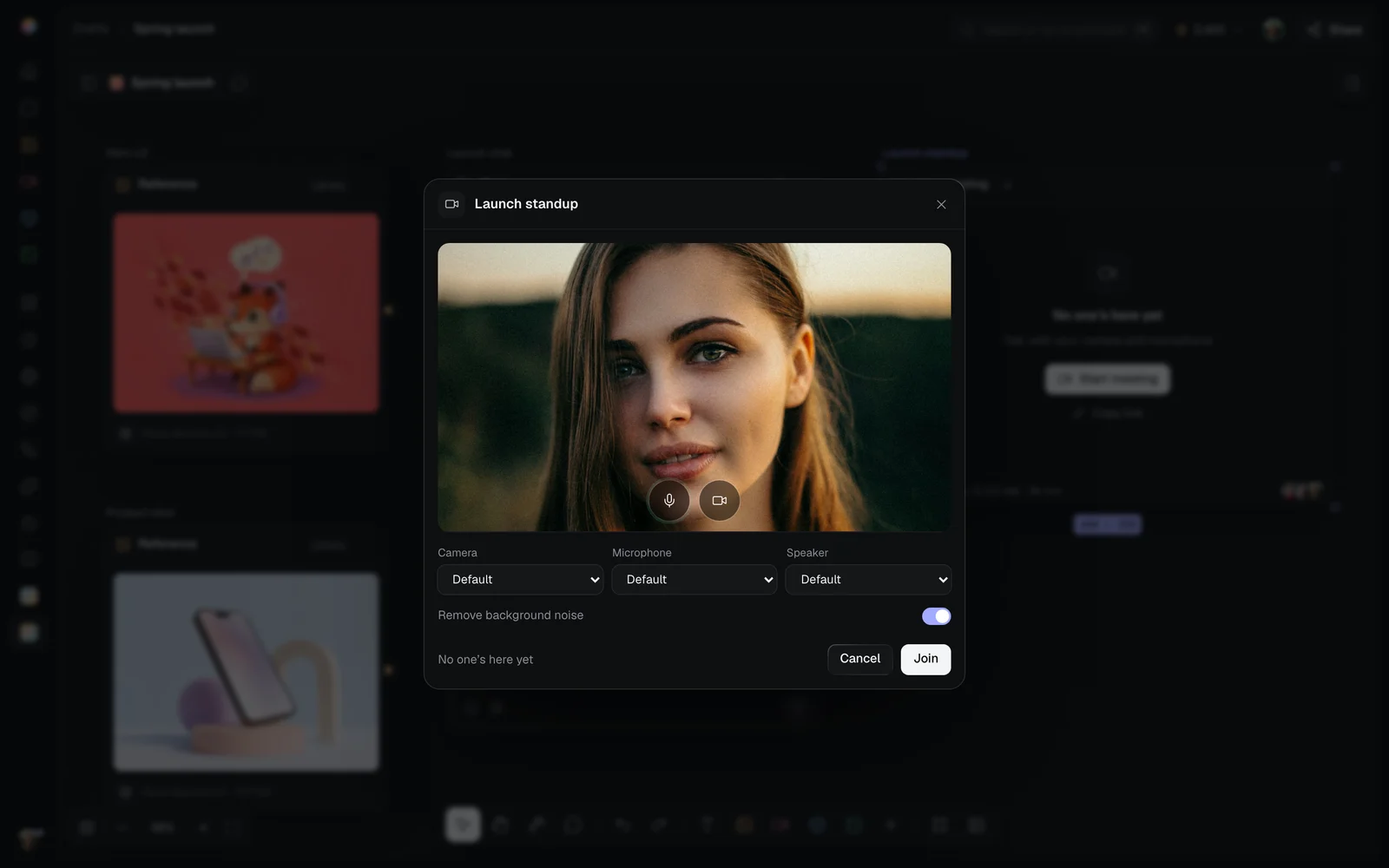 The join screen for Launch standup: Mira's camera with the microphone and camera buttons on it, the Camera, Microphone and Speaker menus, Remove background noise switched on, and No one's here yet beside Cancel and Join