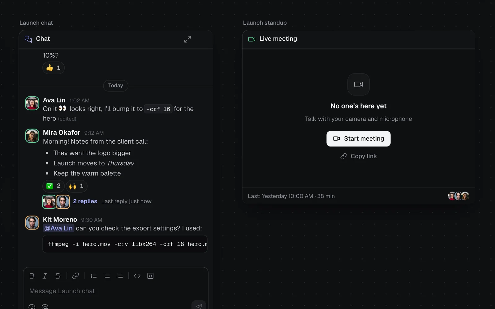 The Launch standup node beside the Launch chat on a canvas: No one's here yet, Talk with your camera and microphone, Start meeting and Copy link, and at its foot Last: Yesterday 10:00 AM · 38 min with the faces of the three who were in it