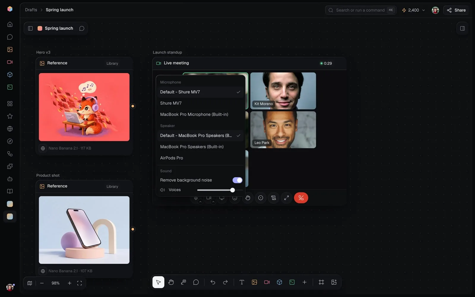 A live meeting on the Spring launch canvas with its microphone menu open: Default - Shure MV7 picked, the speakers, then Sound with Remove background noise switched on and the Voices volume