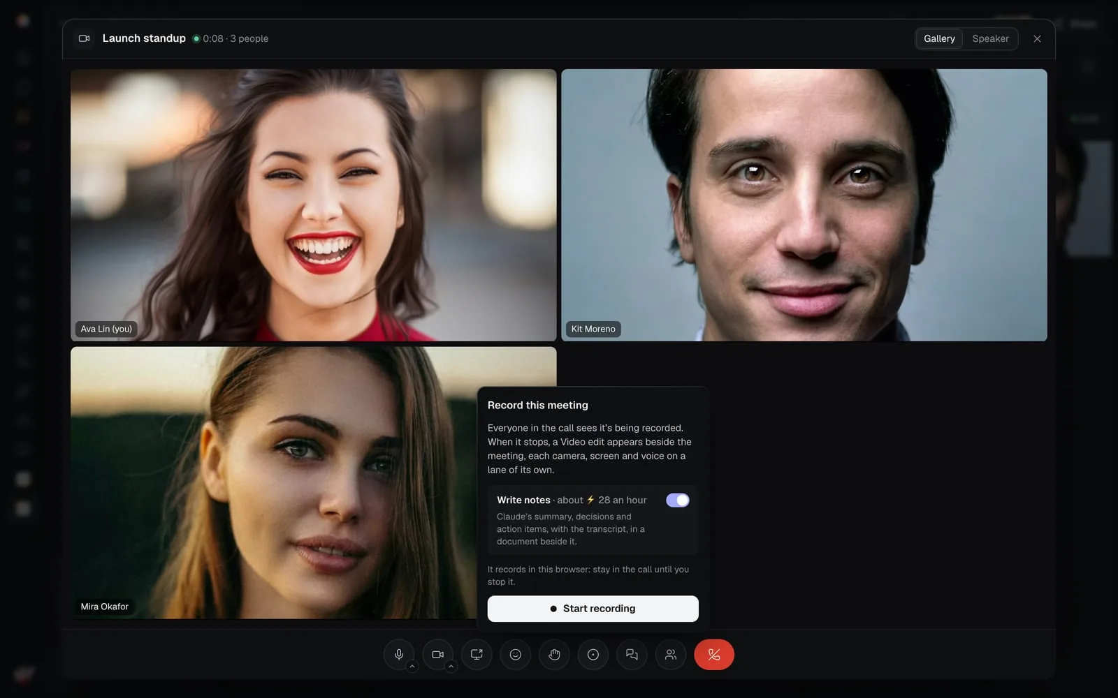 Launch standup full size with Ava, Kit and Mira, and Record this meeting open over the buttons: Write notes, about ⚡28 an hour, switched on, and Start recording