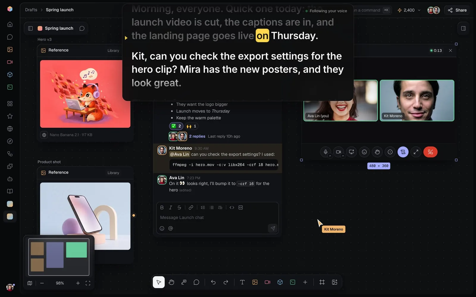 A live meeting between Ava and Kit on the Spring launch canvas, Ava's teleprompter at the top of the screen following her standup notes, the word "on" lit, and Teleprompter lit among the call's buttons