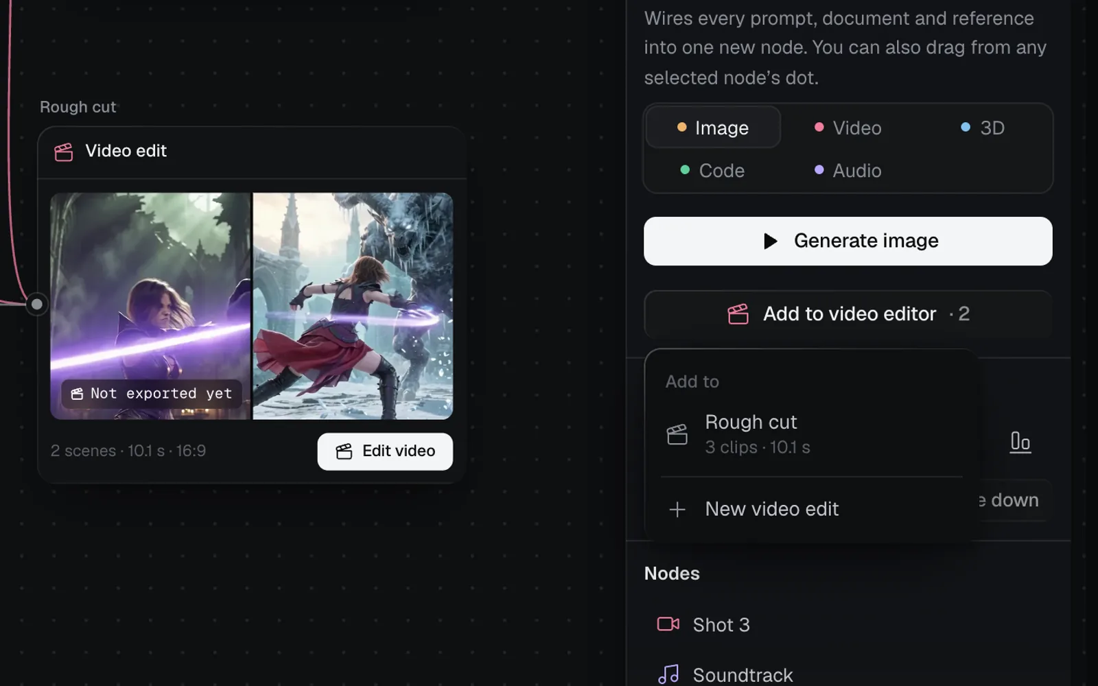 Shot 3 selected on a canvas that already has a video edit: Add to video editor in its panel opens the Add to menu with Trailer, 3 clips · 10.1 s, and New video edit