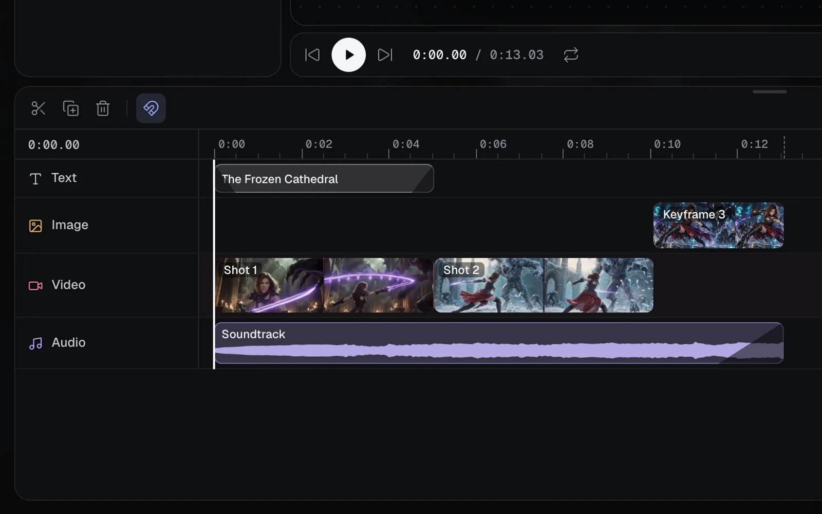 The new edit's timeline: The Frozen Cathedral on the Text lane over Shot 1, Keyframe 3 on the Image lane after Shot 1 and Shot 2 on the Video lane, and the Soundtrack under them all on the Audio lane, fading out where the scenes end