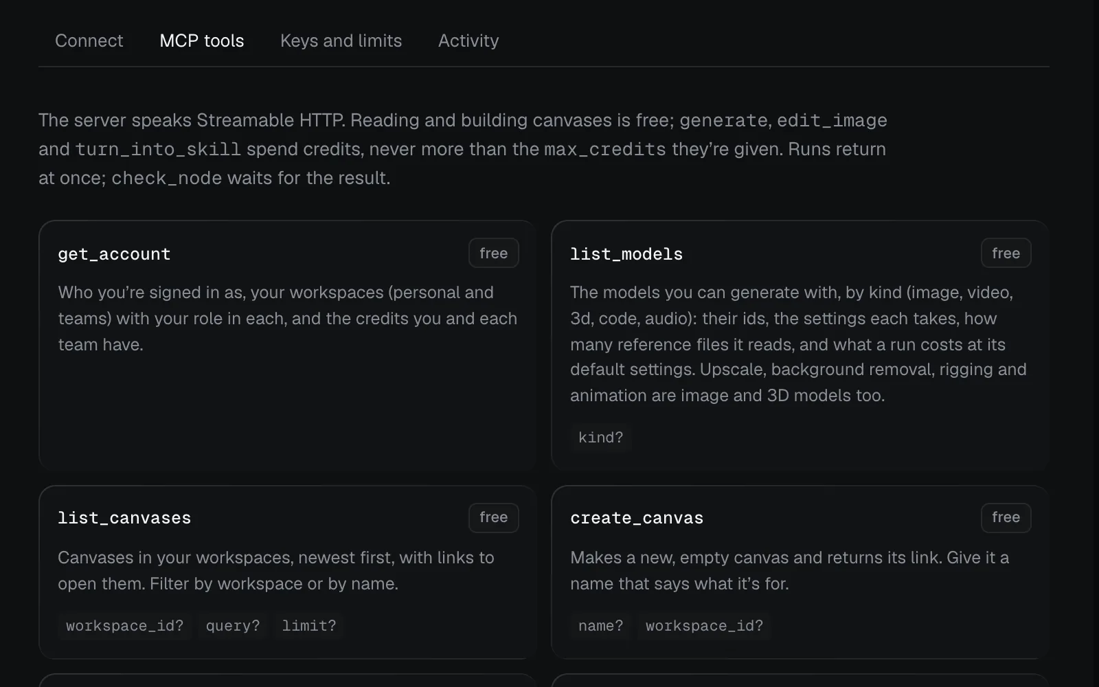 The MCP tools tab on the Agents page: the server speaks Streamable HTTP, which tools spend credits, and the first tool cards, get_account, list_models, list_canvases and create_canvas, each marked free, with inputs where it takes any