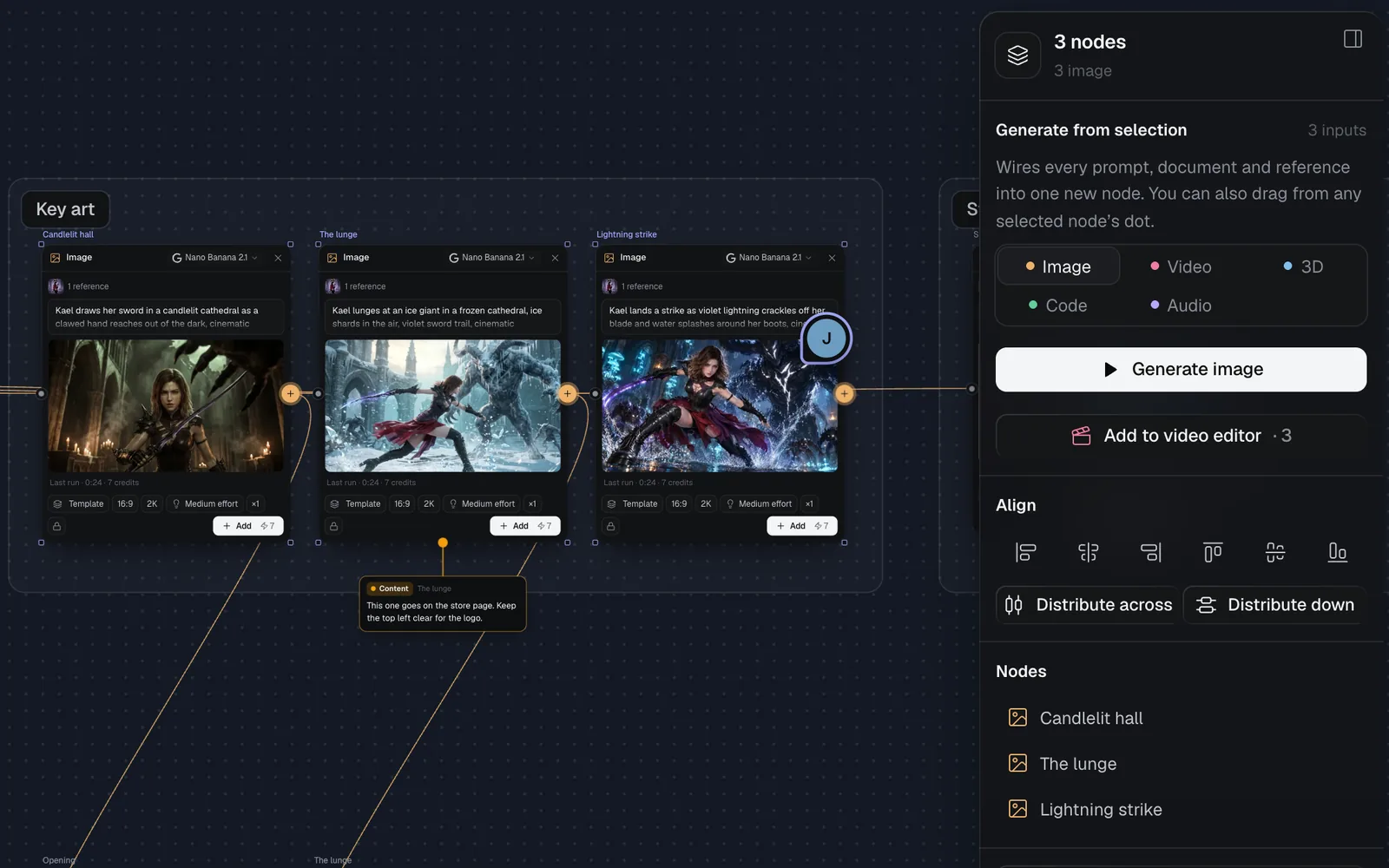 Three key art nodes selected, and the panel's Align buttons with Distribute across and Distribute down