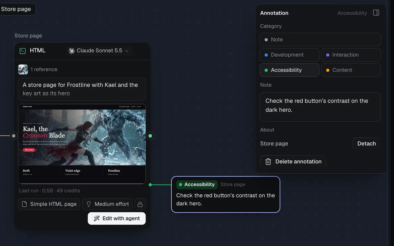 An Accessibility note beside the Store page node, picked, with its category, text and Detach in the panel