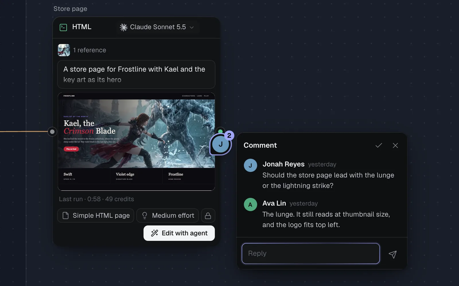 A comment thread on the Store page node: Jonah asks a question, Ava answers, and a Reply field waits below