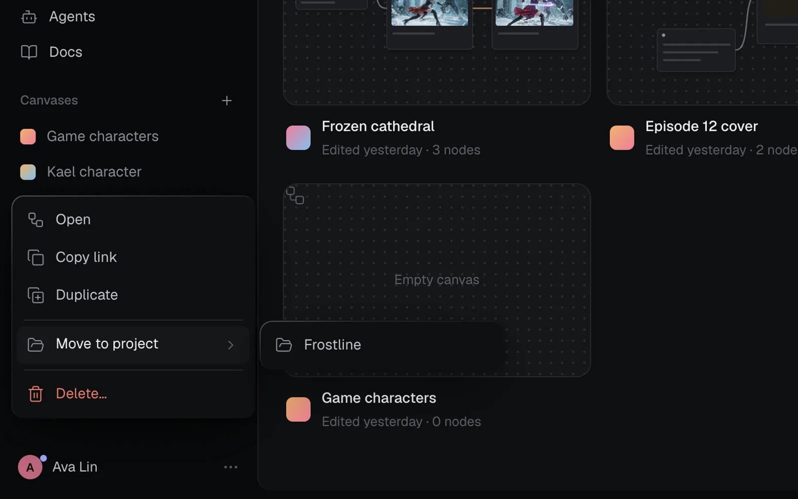 A canvas's row in the sidebar right-clicked, with Move to project open on the Frostline project