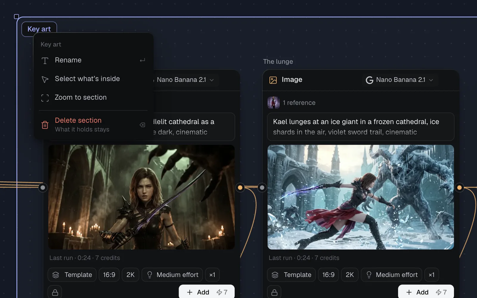 The Key art section's right-click menu: Rename, Select what's inside, Zoom to section and Delete section