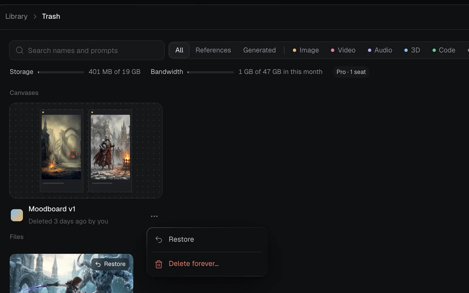 The Trash in the Library: the deleted Moodboard v1 canvas with Restore and Delete forever…, and a deleted file below