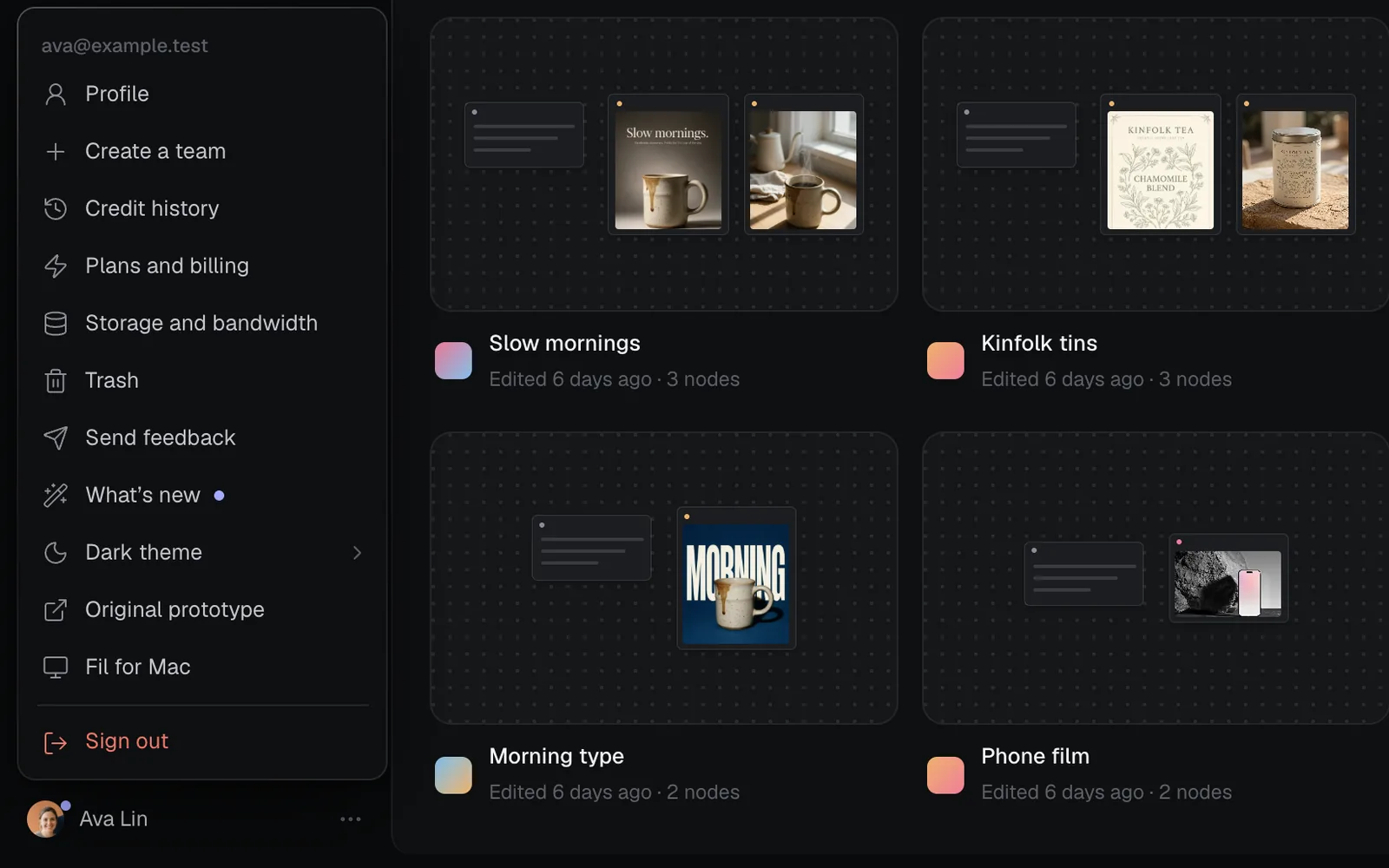 The account menu open above Ava Lin: ava@example.test, then Profile, Create a team, Credit history, Plans and billing, Storage and bandwidth, Trash, Send feedback, What's new with a dot, Dark theme, Original prototype, Fil for Mac and Sign out, beside four canvases on Home