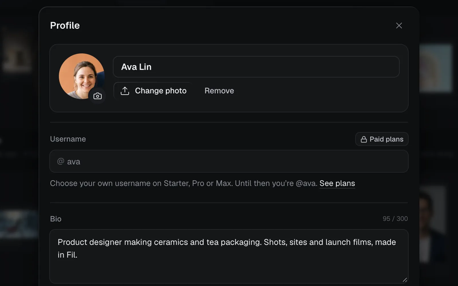 The Profile dialog on the Free plan: Ava Lin's photo and name, the Username field locked at ava with Paid plans beside it, and Choose your own username on Starter, Pro or Max. Until then you're @ava. See plans