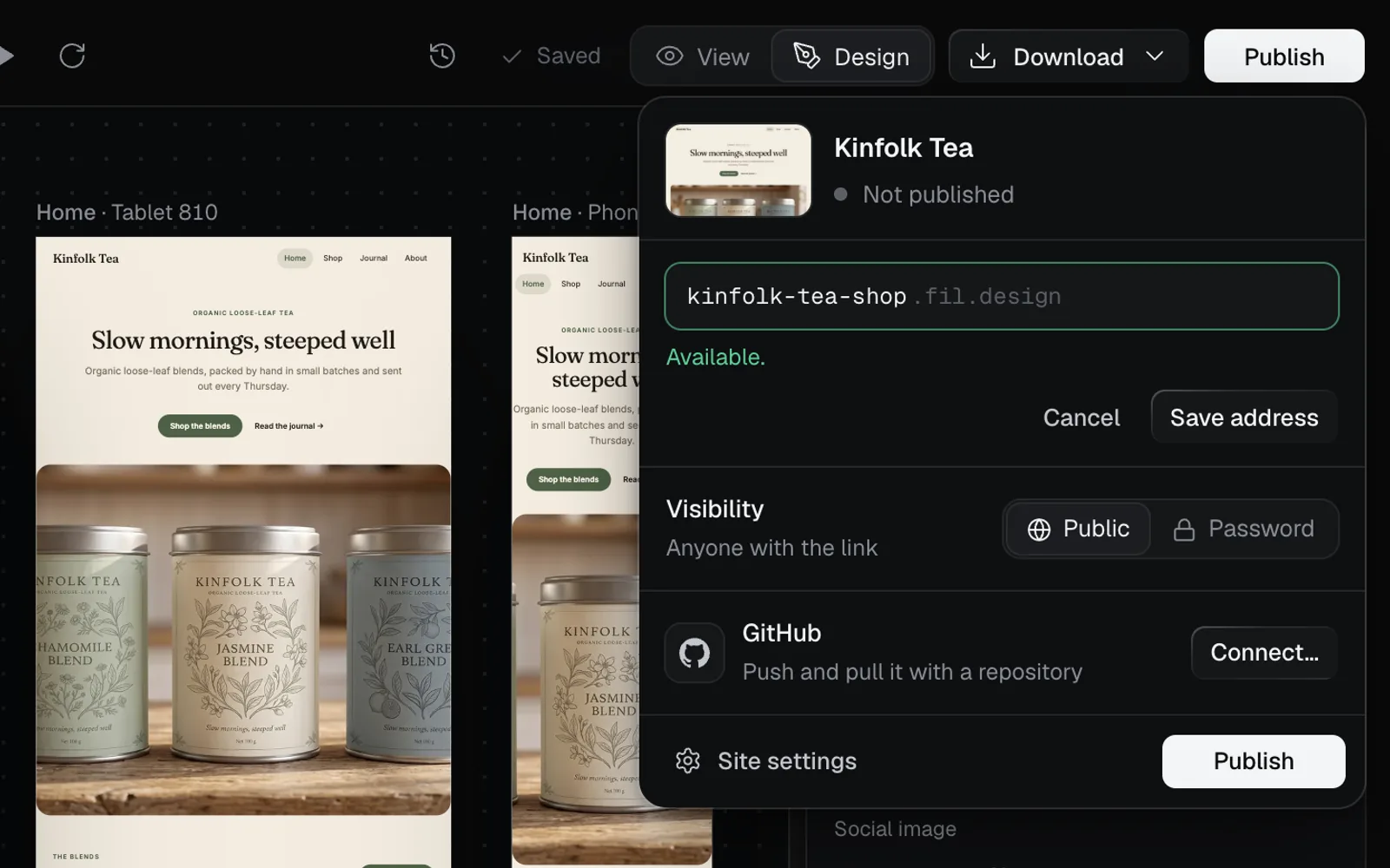Editing the address in the Publish popover: kinfolk-tea-shop typed before .fil.design, Available. underneath, and Cancel and Save address