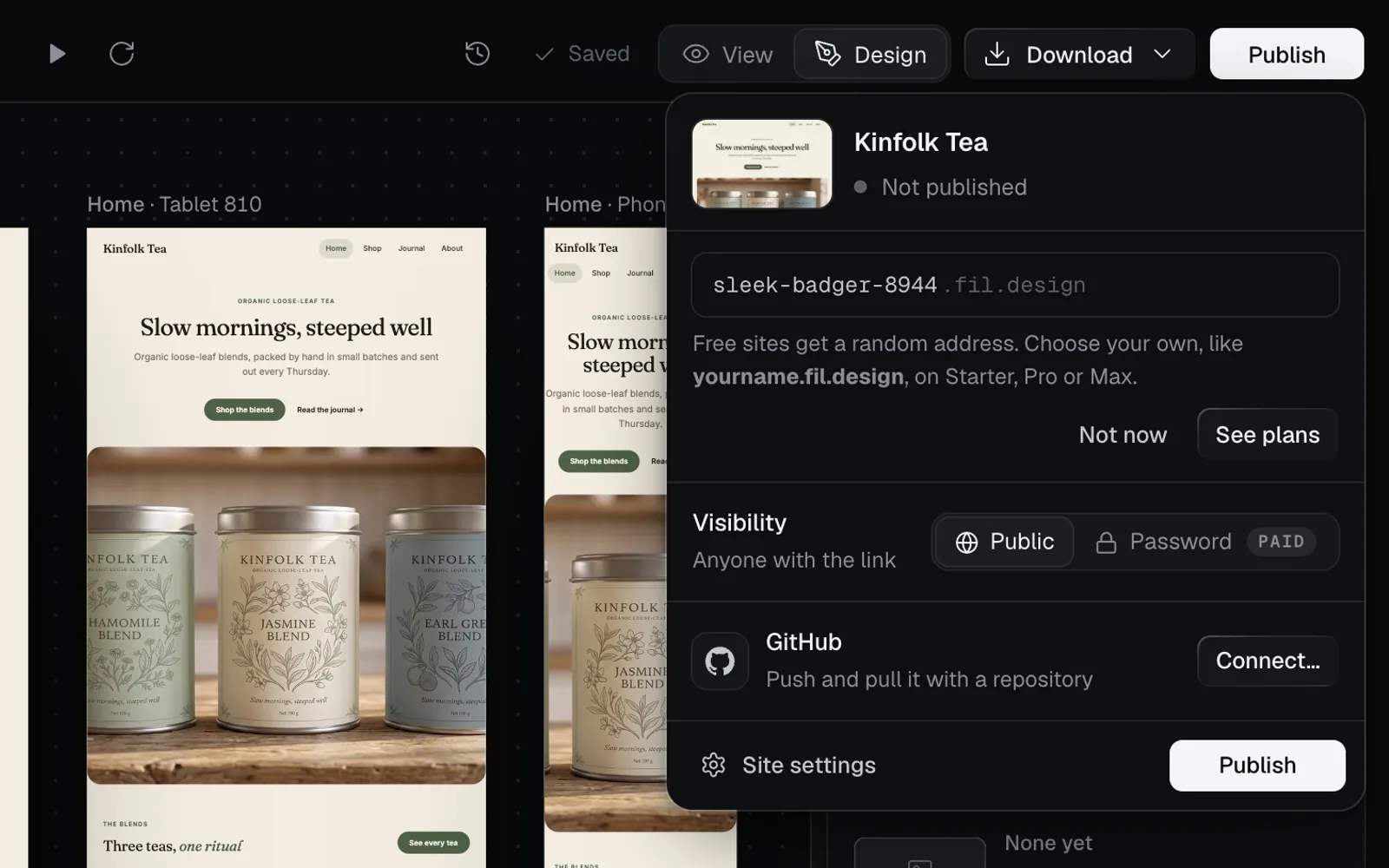 The Publish popover on the Free plan: a random address, sleek-badger-8944, Free sites get a random address, Choose your own, like yourname.fil.design, on Starter, Pro or Max, and Password marked Paid