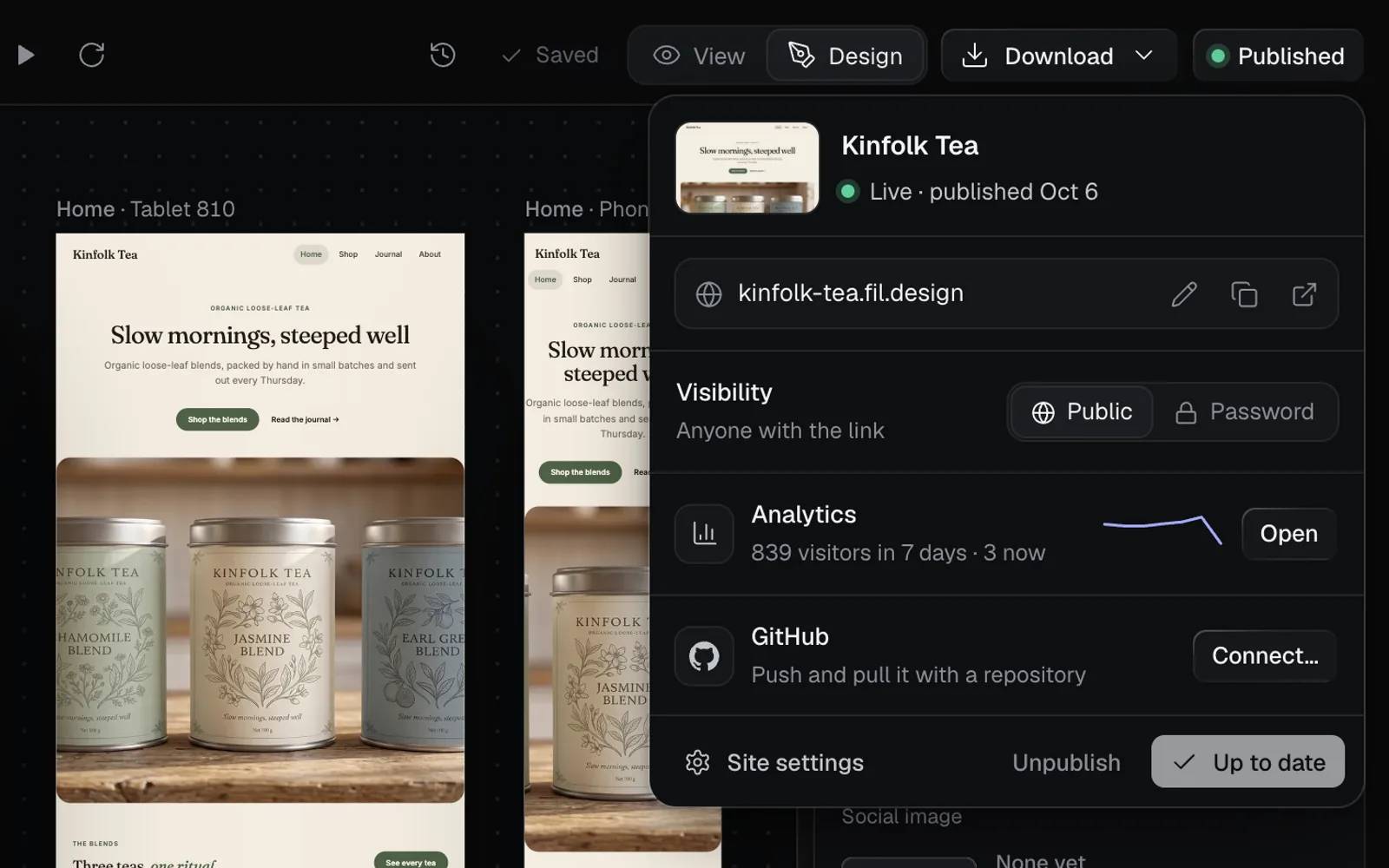 The Publish popover for a live site: Kinfolk Tea, Live, published Oct 6, kinfolk-tea.fil.design with Edit address, Copy link and Open, Visibility Public, Analytics with 839 visitors in 7 days, GitHub with Connect…, Site settings, Unpublish and Up to date