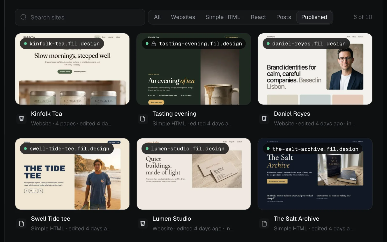The Sites page with Published picked, 6 of 10 sites: Kinfolk Tea, Tasting evening with a lock, Daniel Reyes, Swell Tide tee, Lumen Studio and The Salt Archive, each with its fil.design address