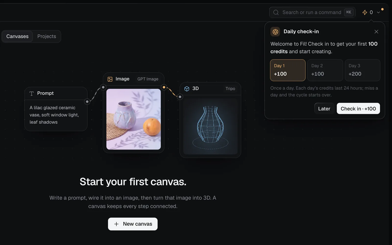 Home on a new account, with no canvases yet and the Daily check-in card under the credits: Welcome to Fil! Check in to get your first 100 credits, Day 1 +100, Day 2 +100, Day 3 +200