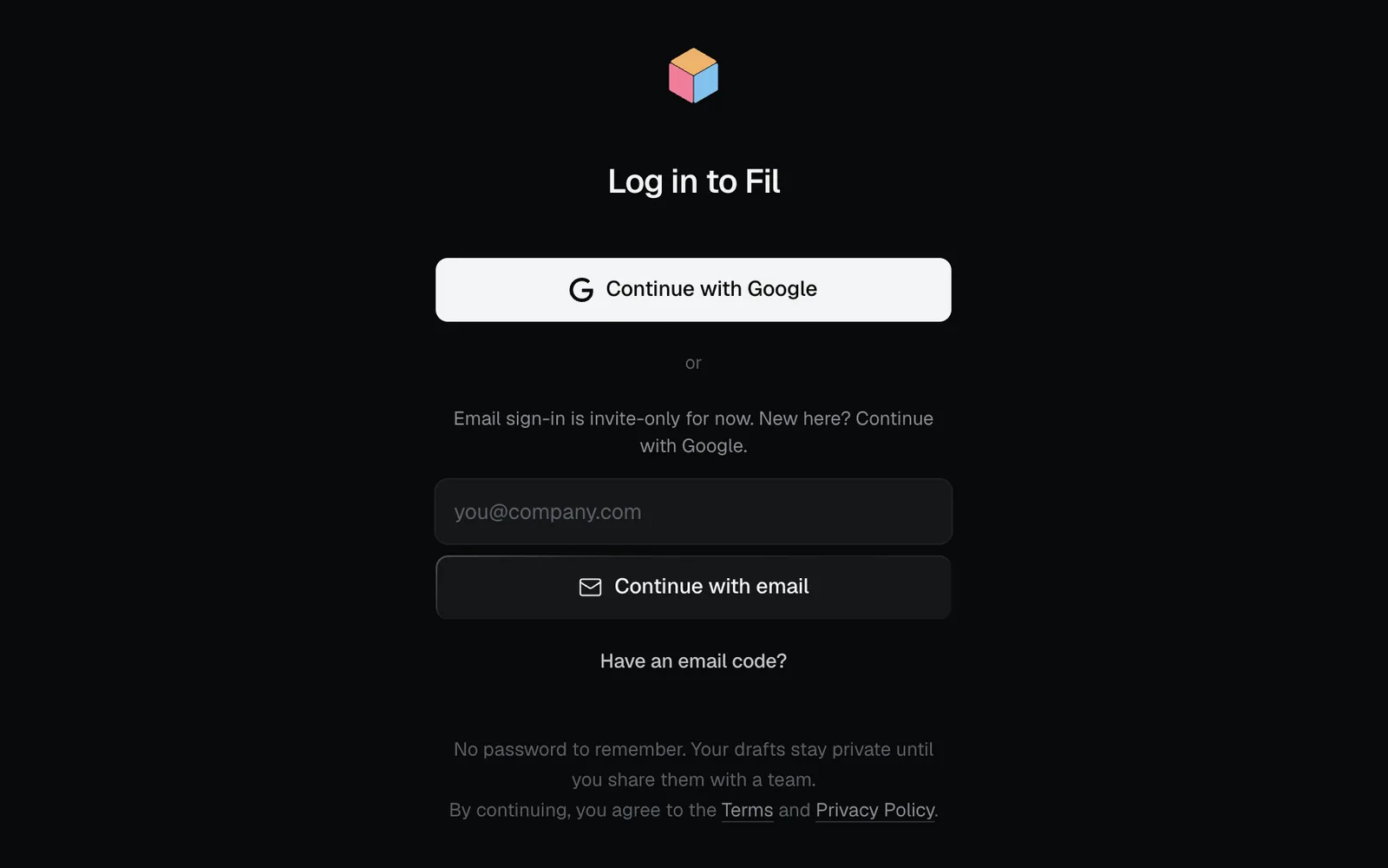 The Log in to Fil page: Continue with Google, or an email field with Continue with email, and Have an email code? below