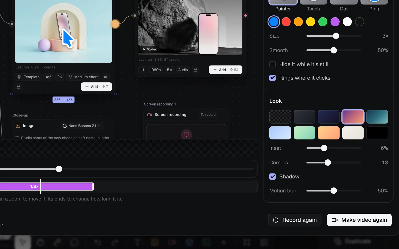 The settings scrolled down: Pointer and its colours, Size 3×, Smooth 50%, Hide it while it's still, Rings where it clicks, then Look with the Dusk background picked, Inset 6%, Corners 18, Shadow and Motion blur 50%