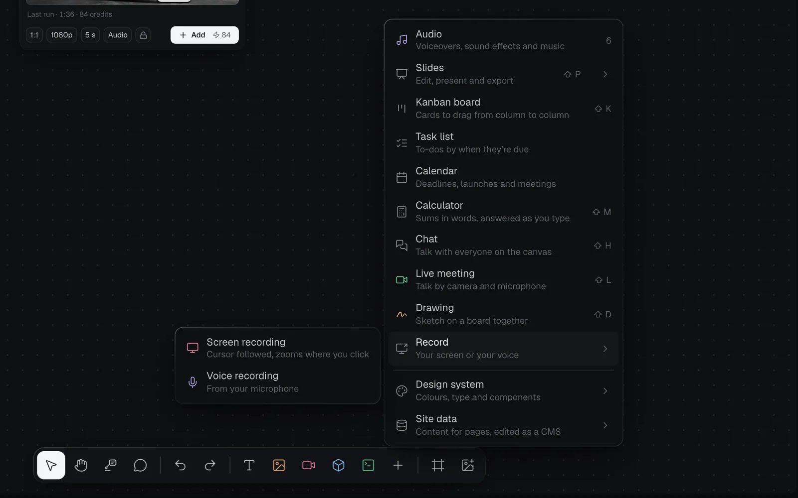 The toolbar's + menu with Record picked and its submenu: Screen recording, Cursor followed, zooms where you click, and Voice recording, From your microphone